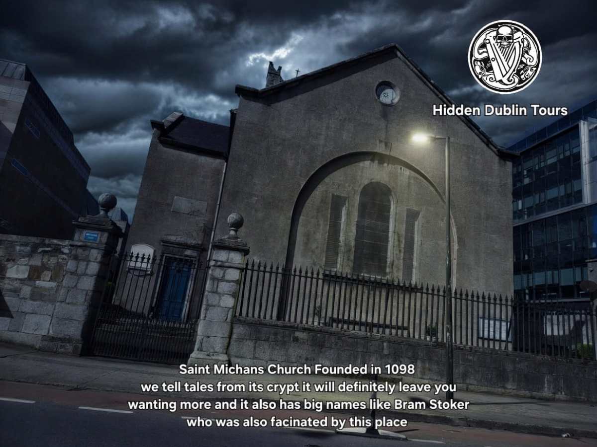 Dark, eerie church with dramatic sky and text about Hidden Dublin Tours.