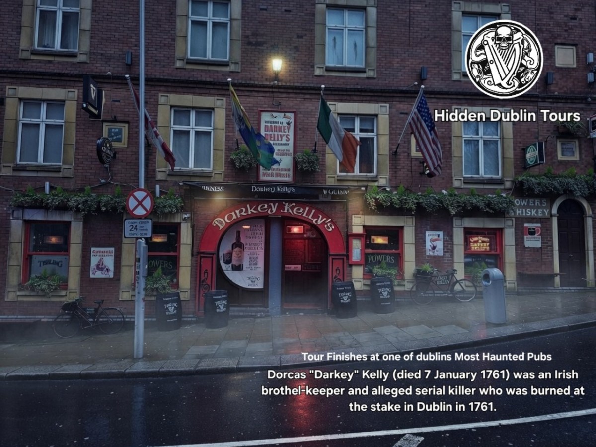 Exterior of Darkey Kelly's pub with flags, street signs, and 'Hidden Dublin Tours' text overlay.