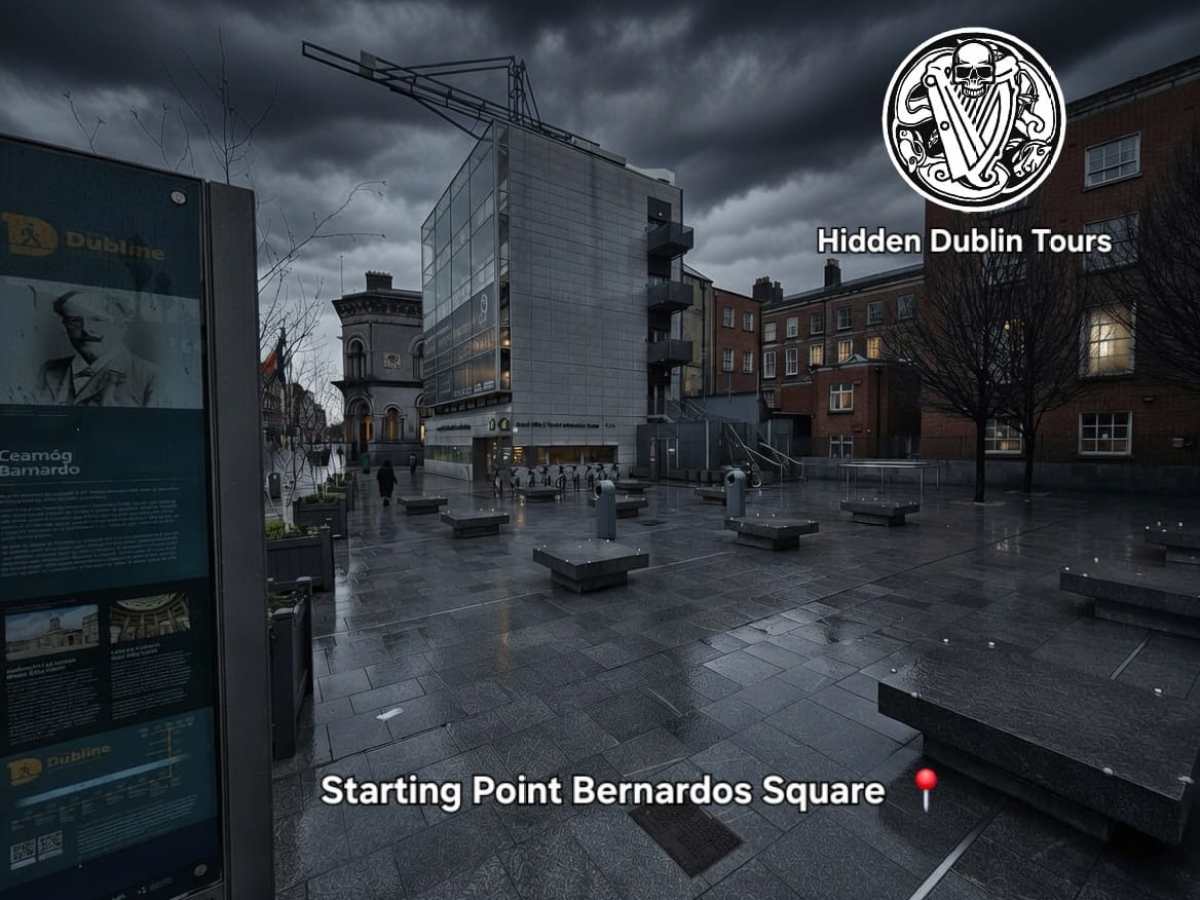 Modern square in Dublin with cloudy sky, buildings, and tour markers.