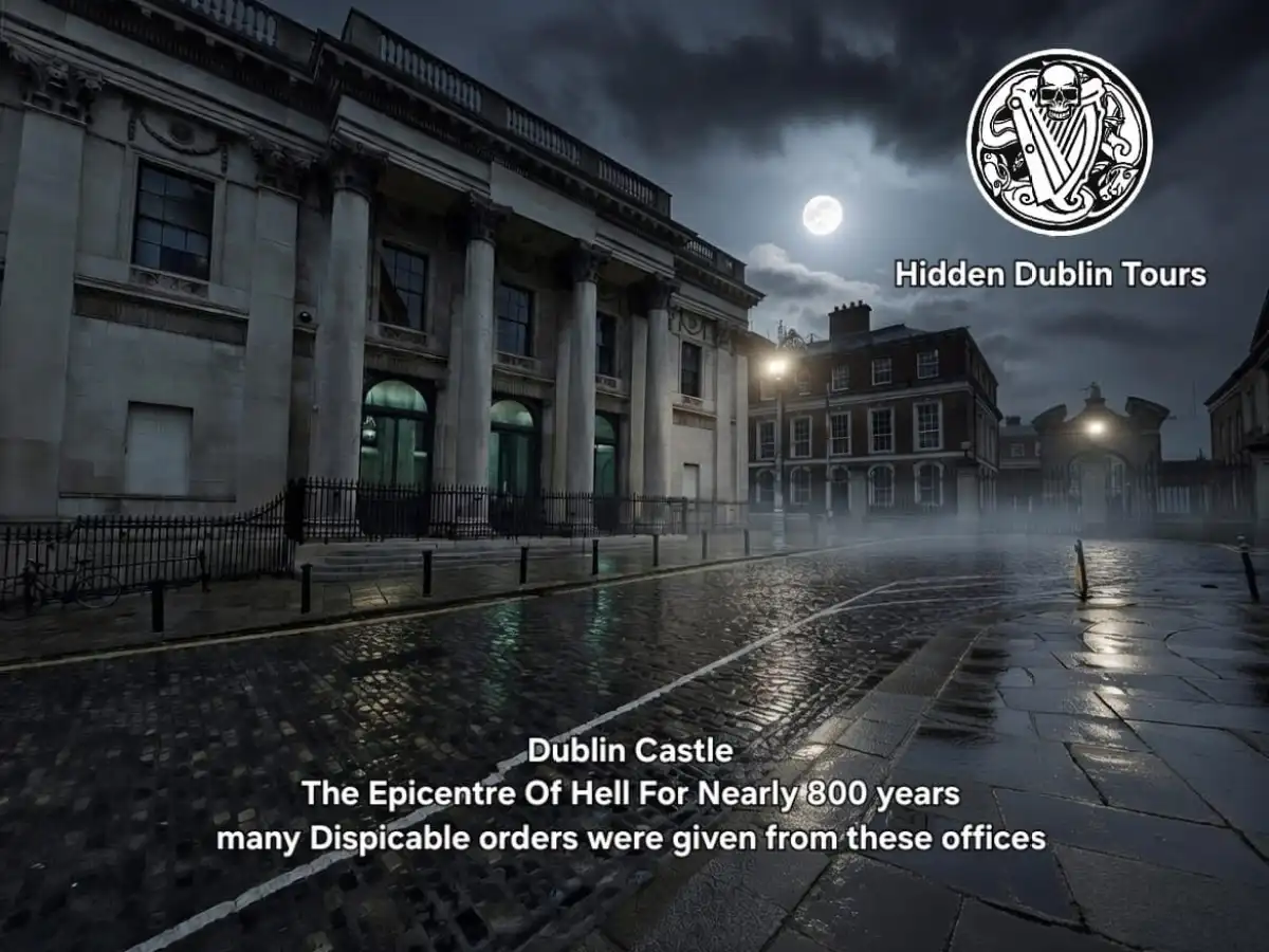 Moonlit Dublin Castle with fog and text about Hidden Dublin Tours.