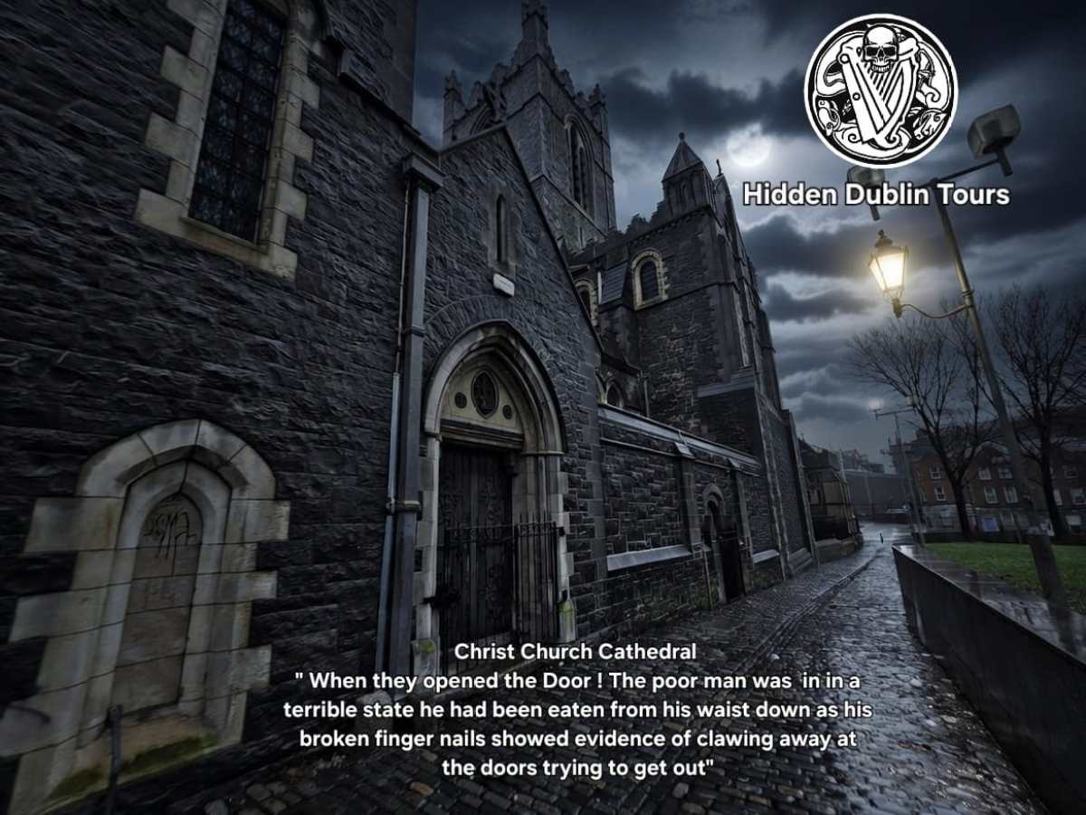 Gothic cathedral at night with text about Hidden Dublin Tours and a spooky story.