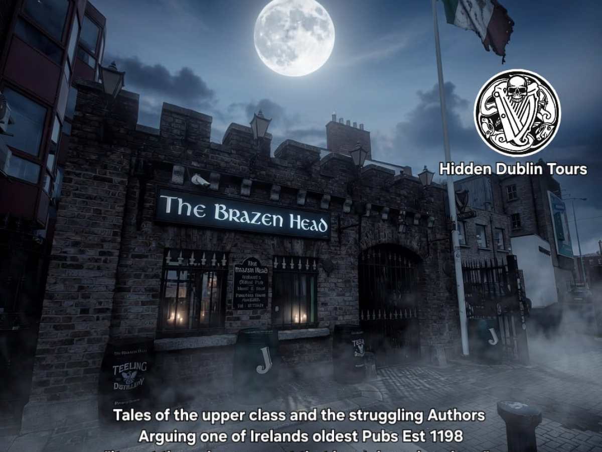 Old brick pub 'The Brazen Head' with moon at night, misty street, and Irish flag.